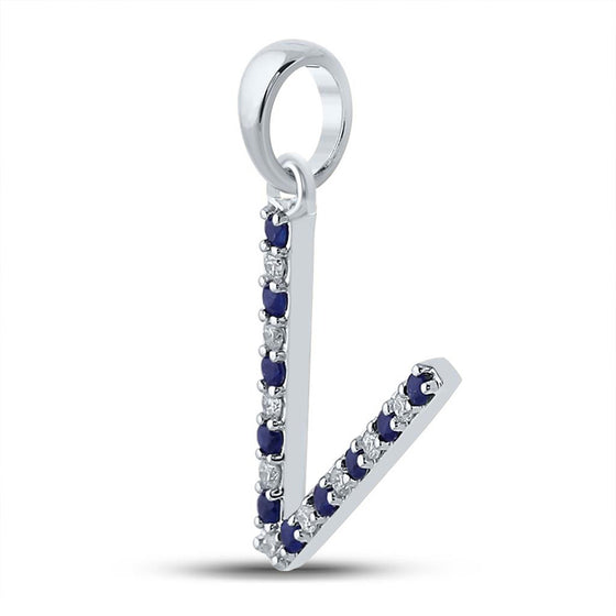10k White Gold Womens Round Blue Sapphire Diamond V Letter Pendant 1/6 Cttw
