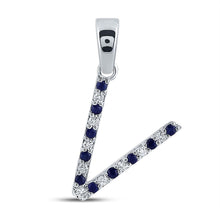  10k White Gold Womens Round Blue Sapphire Diamond V Letter Pendant 1/6 Cttw