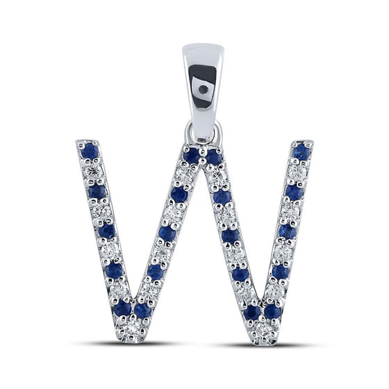 10k White Gold Womens Round Blue Sapphire Diamond W Letter Pendant 1/4 Cttw