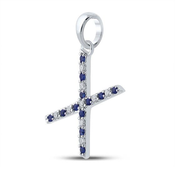 10k White Gold Womens Round Blue Sapphire Diamond X Letter Pendant 1/6 Cttw