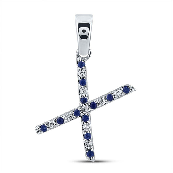 10k White Gold Womens Round Blue Sapphire Diamond X Letter Pendant 1/6 Cttw