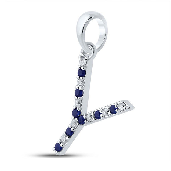 10k White Gold Womens Round Blue Sapphire Diamond Y Letter Pendant 1/6 Cttw
