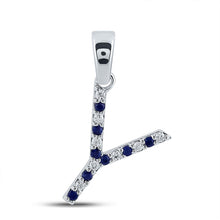  10k White Gold Womens Round Blue Sapphire Diamond Y Letter Pendant 1/6 Cttw