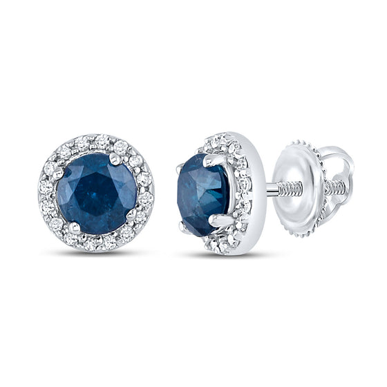 10k White Gold Womens Round Blue Sapphire Halo Earrings 7/8 Cttw