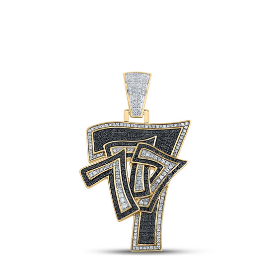 10k Yellow Gold Mens Round Black Diamond Lucky 777 Charm Pendant 1-5/8 Ctw