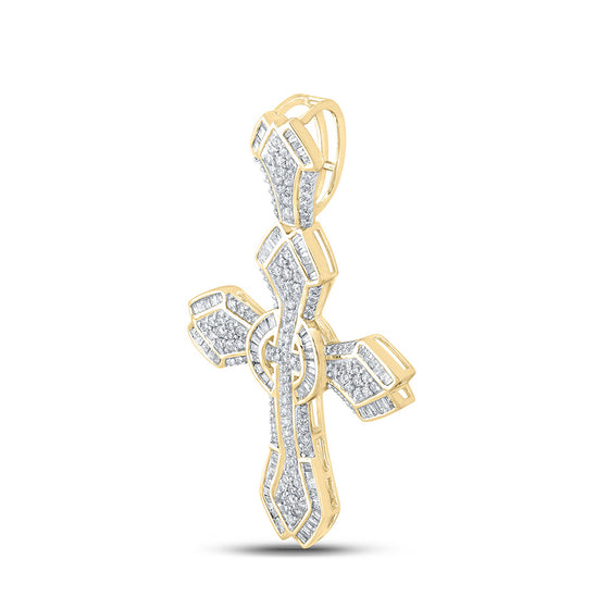 10k Yellow Gold Mens Baguette Diamond Cross Charm Pendant 1-5/8 Cttw