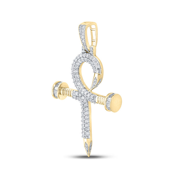 10k Yellow Gold Mens Baguette Diamond Ankh Nail Cross Charm Pendant 1 Cttw