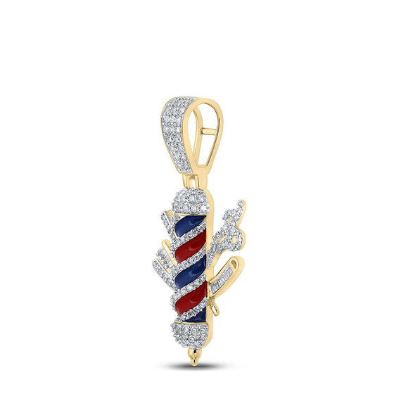 10k Yellow Gold Mens Baguette Diamond Barber Pole Charm Pendant 7/8 Cttw