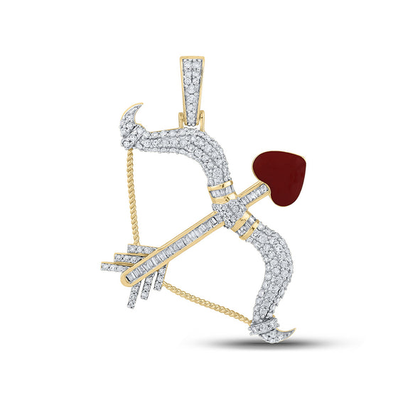 10k Yellow Gold Mens Baguette Diamond Bow Arrow Heart Charm Pendant 1 Cttw