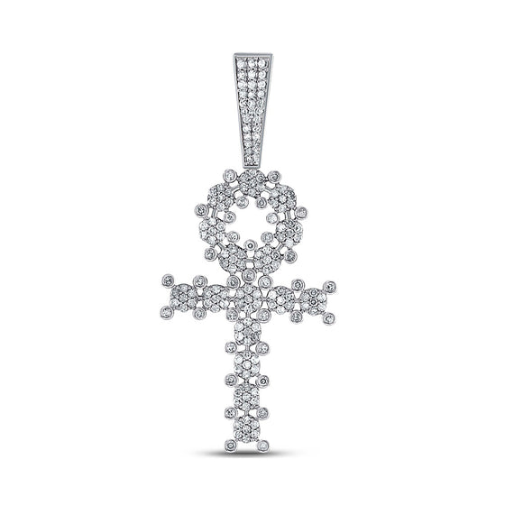 10k White Gold Mens Round Diamond Ankh Cross Charm Pendant 1 Cttw