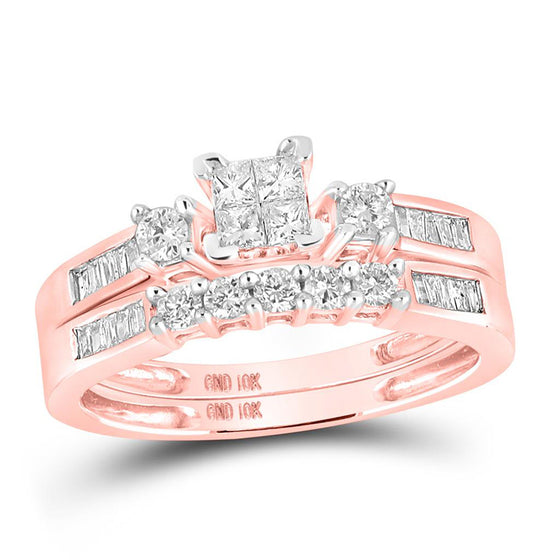 10k Rose Gold Princess Diamond Square Bridal Wedding Ring Band Set 3/8 Cttw