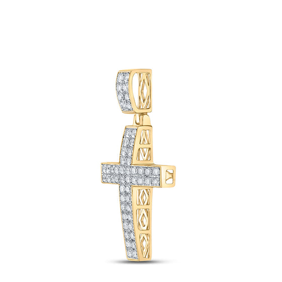 10k Yellow Gold Mens Round Diamond Cross Charm Pendant 1 Cttw