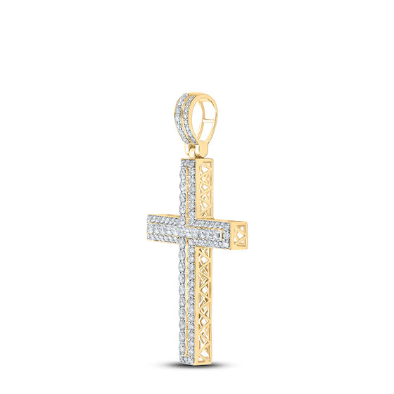 14k Yellow Gold Mens Round Diamond Cross Charm Pendant 4-1/4 Cttw