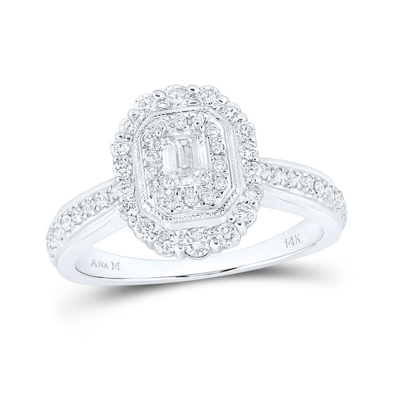 14k White Gold Emerald Diamond Halo Bridal Wedding Engagement Ring 5/8 Cttw