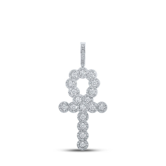 10k White Gold Mens Round Diamond Ankh Cross Charm Pendant 1 Cttw