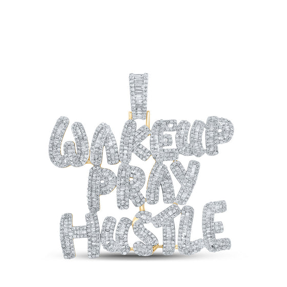 10k Yellow Gold Mens Baguette Diamond Wake Up Pray Hustle Phrase Charm Pendant 3-3/4 Cttw