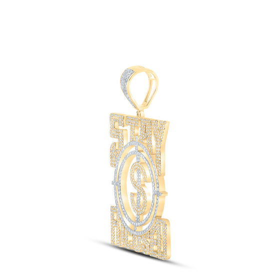 10k Yellow Gold Mens Round Diamond Stay Focused Phrase Charm Pendant 2-3/4 Cttw