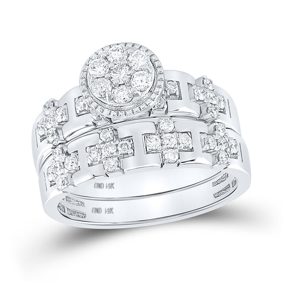 14k White Gold His Hers Round Diamond Cluster Matching Wedding Set 1 Cttw