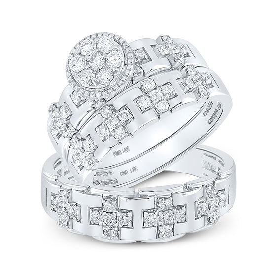 14k White Gold His Hers Round Diamond Cluster Matching Wedding Set 1 Cttw