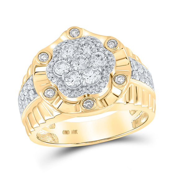 10k Yellow Gold Mens Round Diamond Flower Cluster Ring 1-1/2 Cttw