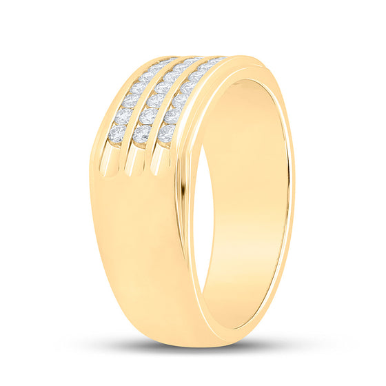 14k Yellow Gold Mens Round Diamond Triple Row Machine-set Band Ring 1/2 Cttw