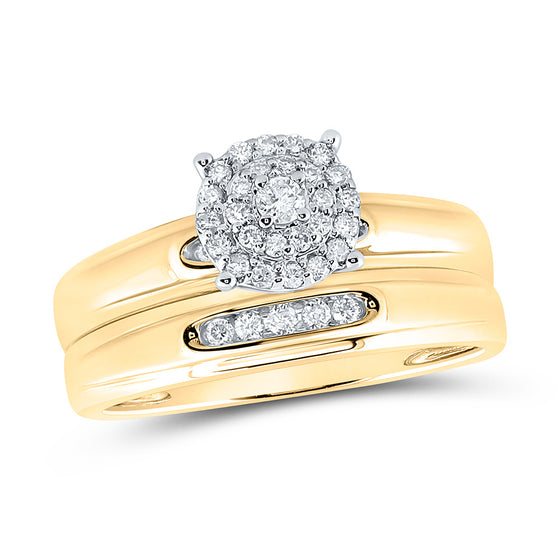 10k Yellow Gold His Hers Round Diamond Halo Matching Wedding Set 1/3 Cttw