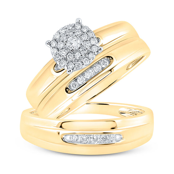 10k Yellow Gold His Hers Round Diamond Halo Matching Wedding Set 1/3 Cttw