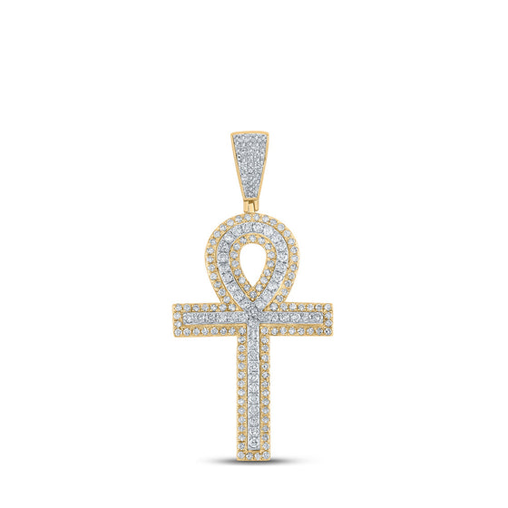 10k Two-tone Gold Mens Round Diamond Ankh Cross Charm Pendant 2 Cttw
