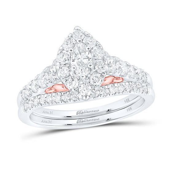 14k Two-tone Gold Marquise Diamond Bridal Wedding Ring Band Set 1 Cttw