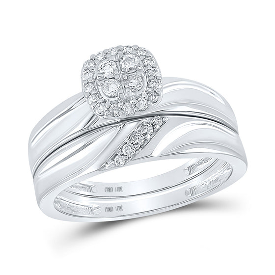 10k White Gold His Hers Round Diamond Cluster Matching Wedding Set 1/3 Cttw