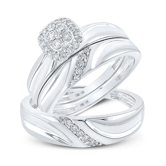 10k White Gold His Hers Round Diamond Cluster Matching Wedding Set 1/3 Cttw