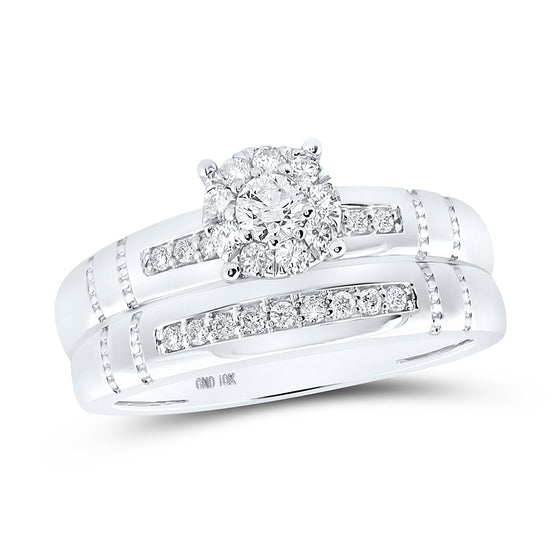 10k White Gold His Hers Round Diamond Cluster Matching Wedding Set 1/2 Cttw