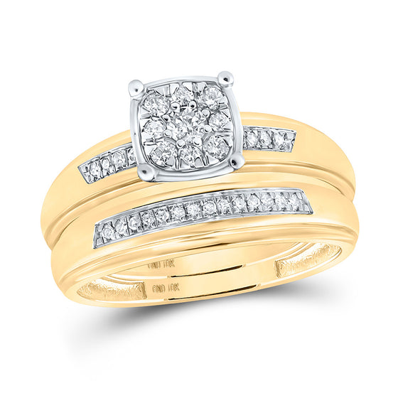 10k Yellow Gold His Hers Round Diamond Cluster Matching Wedding Set 1/3 Cttw