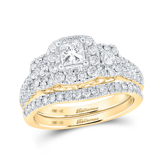 14k Yellow Gold Princess Diamond Halo Bridal Wedding Ring Band Set 1-1/2 Cttw