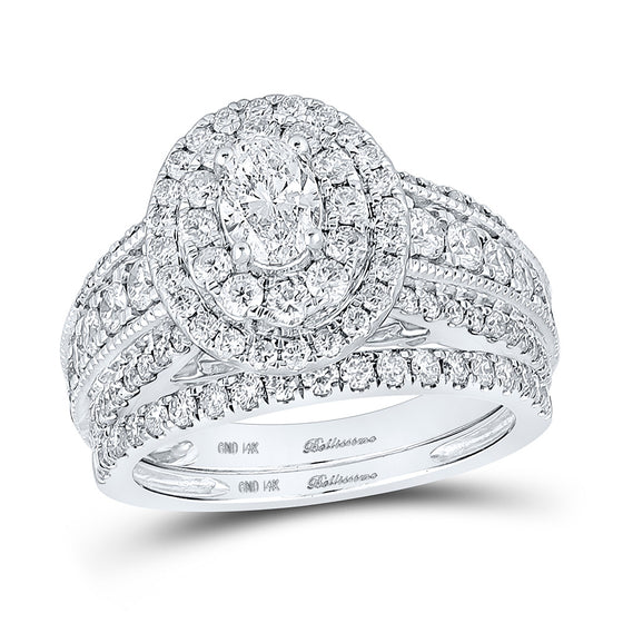 14k White Gold Oval Diamond Halo Bridal Wedding Ring Band Set 2 Cttw