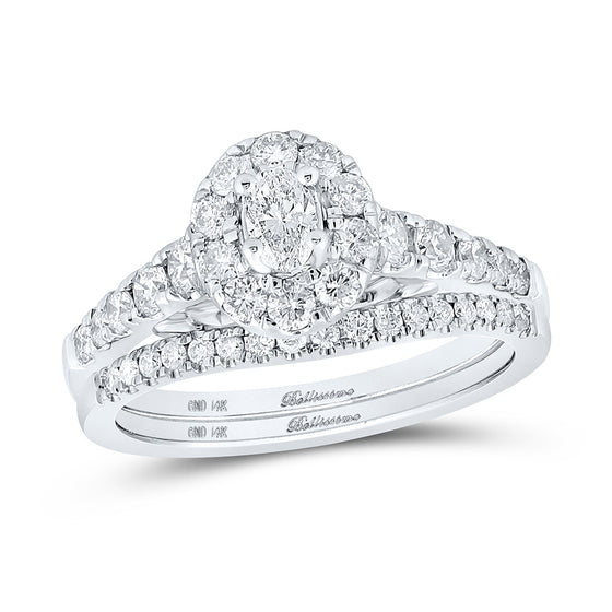 14k White Gold Oval Diamond Halo Bridal Wedding Ring Band Set 1 Cttw