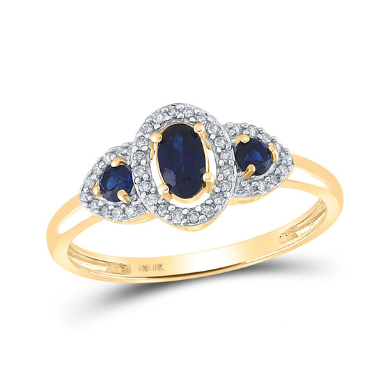 10k Yellow Gold Womens Oval Synthetic Blue Sapphire 3-stone Ring 5/8 Cttw
