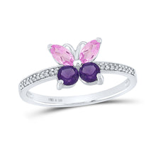  Sterling Silver Womens Round Synthetic Amethyst Butterfly Ring 7/8 Cttw
