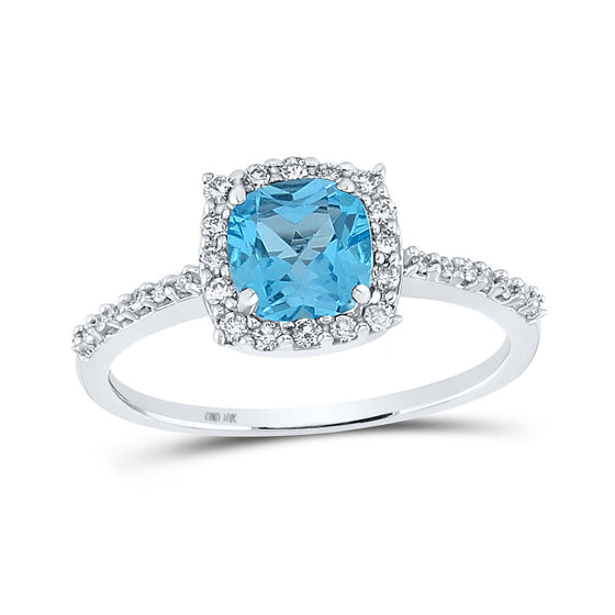 10k White Gold Womens Cushion Synthetic Blue Topaz Diamond Solitaire Ring 1-1/5 Cttw
