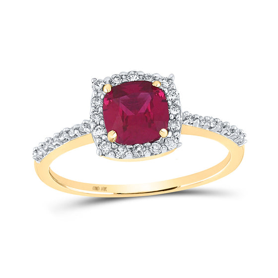 10k Yellow Gold Womens Cushion Synthetic Ruby Diamond Solitaire Ring 1-1/2 Cttw