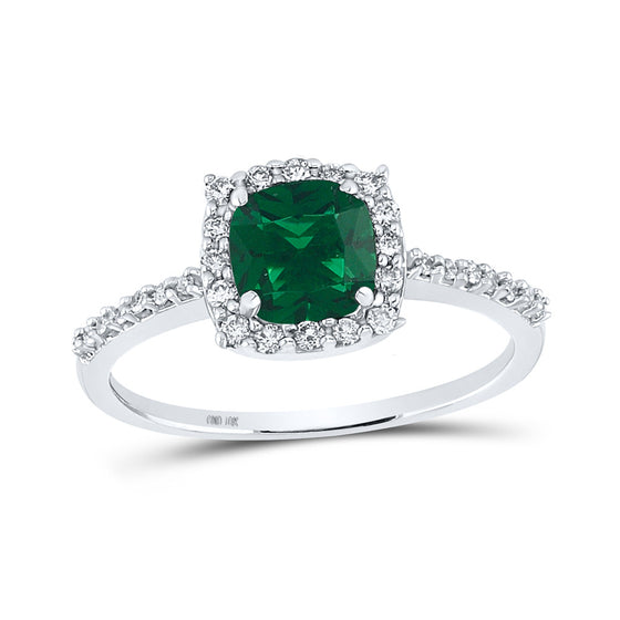 10k White Gold Womens Cushion Synthetic Emerald Diamond Solitaire Ring 1-1/5 Cttw