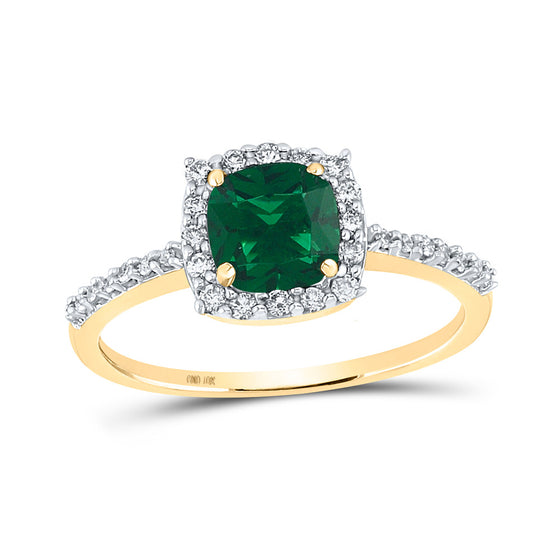 10k Yellow Gold Womens Cushion Synthetic Emerald Diamond Solitaire Ring 1-1/5 Cttw