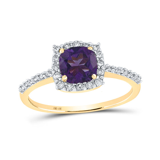 10k Yellow Gold Womens Cushion Synthetic Amethyst Diamond Solitaire Ring 1 Cttw