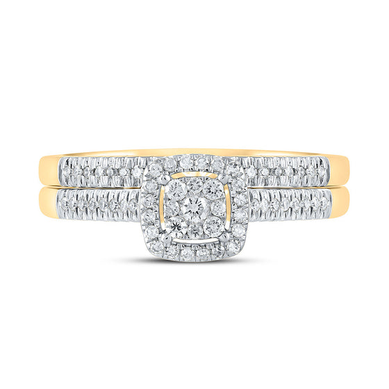 10k Yellow Gold Round Diamond Halo Bridal Wedding Ring Band Set 1/4 Cttw