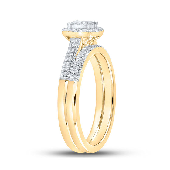10k Yellow Gold Round Diamond Halo Bridal Wedding Ring Band Set 1/4 Cttw