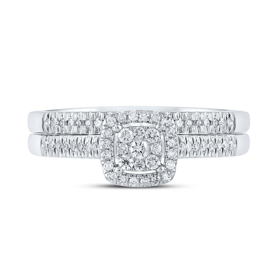 10k White Gold Round Diamond Halo Bridal Wedding Ring Band Set 1/4 Cttw