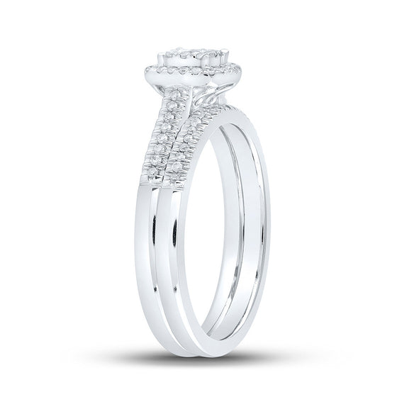 10k White Gold Round Diamond Halo Bridal Wedding Ring Band Set 1/4 Cttw