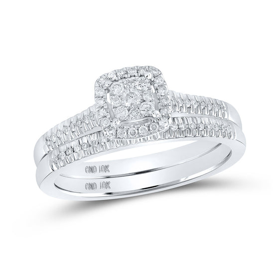 10k White Gold Round Diamond Halo Bridal Wedding Ring Band Set 1/4 Cttw