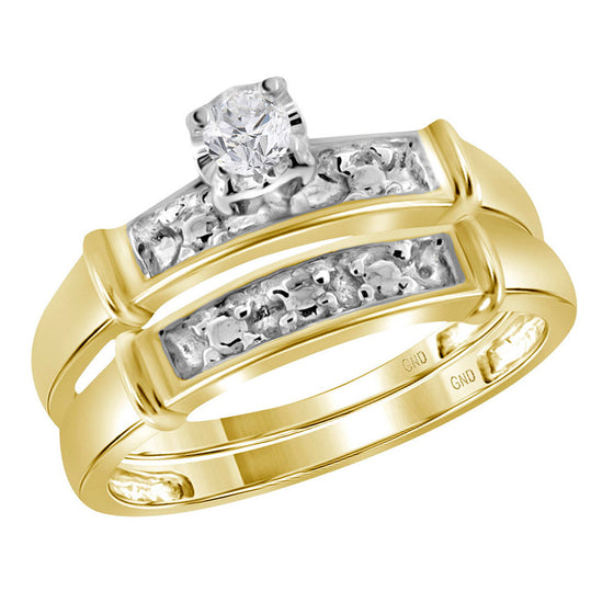 10k Yellow Gold His Hers Round Diamond Solitaire Matching Wedding Set 1/10 Cttw