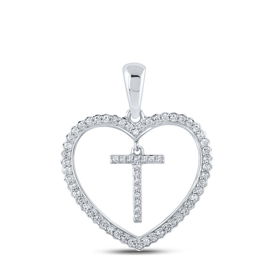 10k White Gold Womens Round Diamond Heart T Letter Pendant 1/4 Cttw